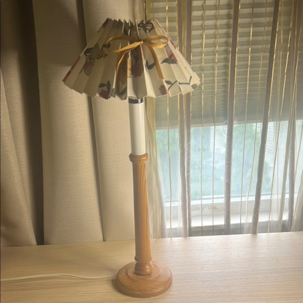 Vintage IKEA Elegant Pleated Shade Table Lamp with Natural Finish